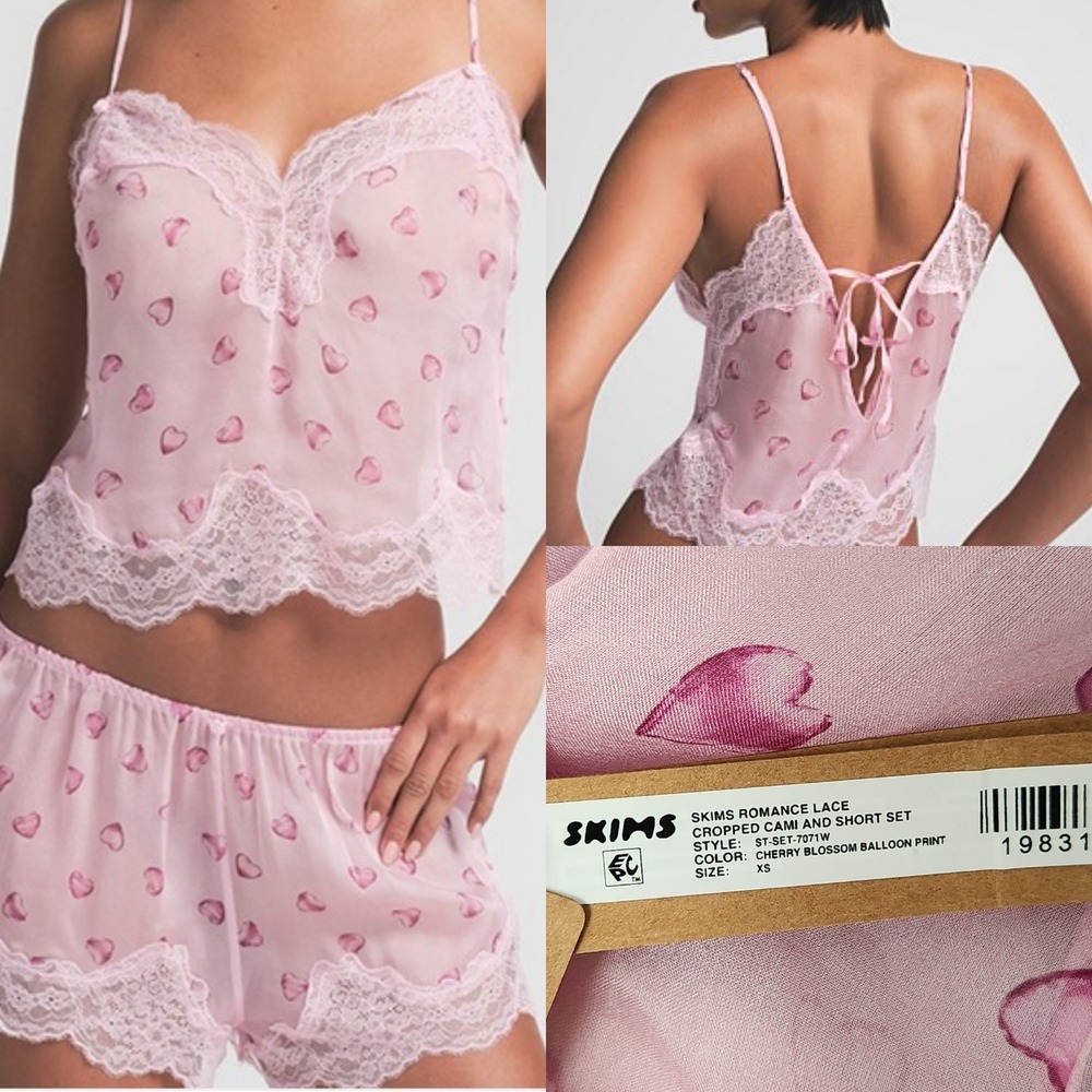 New Skims Romance Lace Cropped Cami Short Set Cherry Blossom Lingerie XS Silk